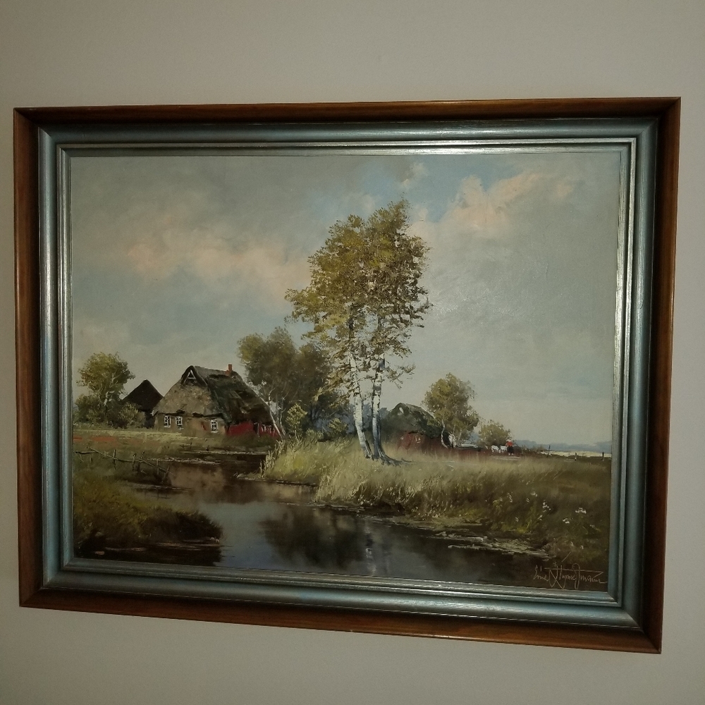 Antique Farm Country Pastoral Painting signed